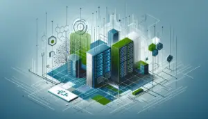 Abstraktes, modernes Bild mit Server-Racks, digitalen Netzwerken und leuchtend grünen Datenströmen als Symbol für eine unsichtbare Sicherheitsbedrohung in Dell PowerEdge Servern