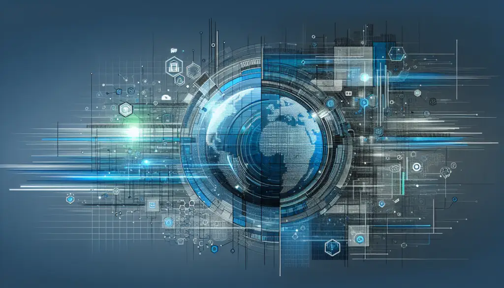 Modernes IT-Sicherheitsbild mit digitalen Netzwerken, lächelndem grünen Akzent und Smart-Building-Symbolen zur Darstellung neuer Windows Secure Boot Zertifikate.